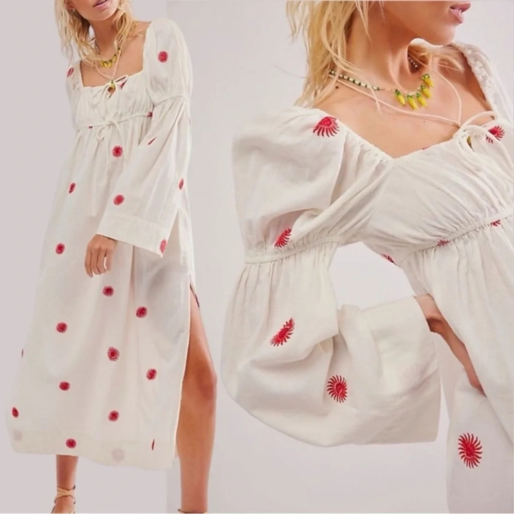 New! Free People Floral Emory Embroidered Sun Midi Dress white nwot 27070